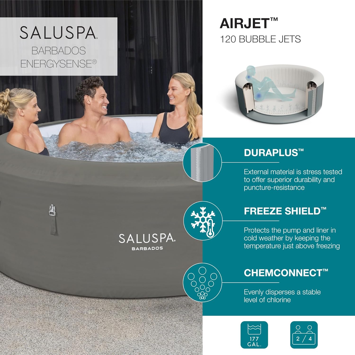 Bestway SaluSpa Barbados AirJet Inflatable Hot Tub Spa 2-4 Person with ...